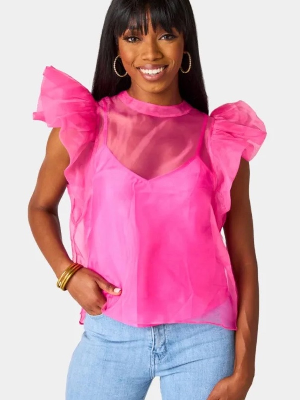 Buddy Love Kaycee Hot Pink Sheer Organza Ruffle Sleeves Top Sz S Cami Liner NWT